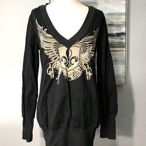 Long Sleeve Hooded Tunic Fleur de Lis/Wings Top M